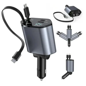 4-in-1 Fast Car Charger with 80cm Extendable Cable